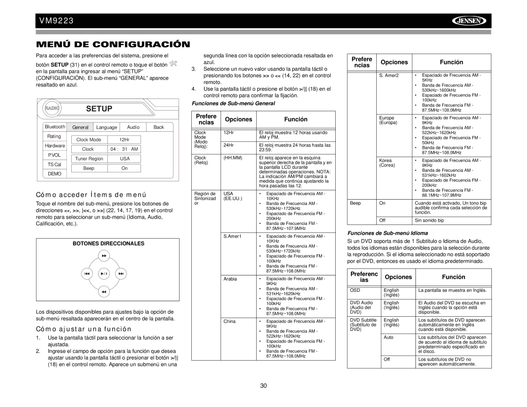 Jensen VM9223 operation manual Menú DE Configuración, Cómo acceder Ítems de menú, Cómo ajustar una función 