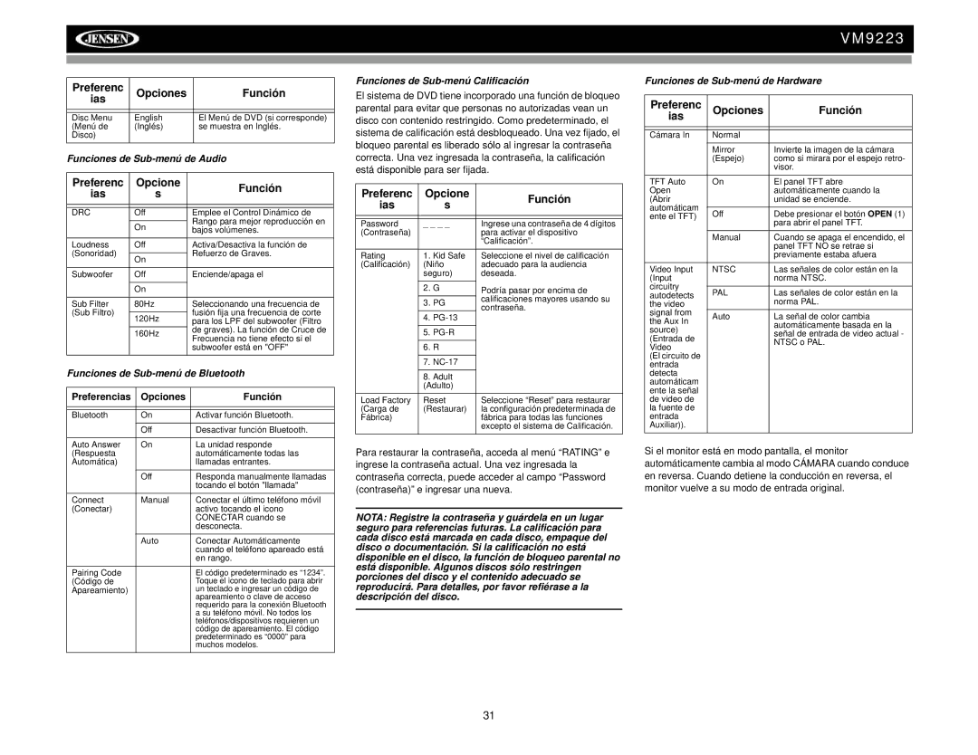 Jensen VM9223 Preferenc Opcione Función Ias, Funciones de Sub-menú de Audio, Funciones de Sub-menú de Bluetooth 