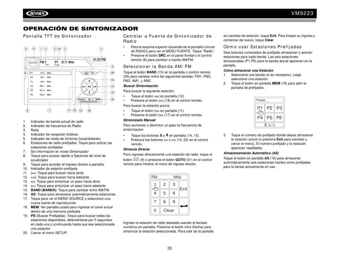 Jensen VM9223 Operación DE Sintonizador, Pantalla TFT de Sintonizador, Cambiar a Fuente de Sintonizador de Radio 