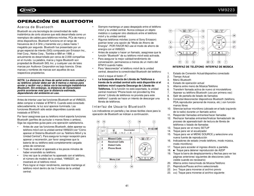 Jensen VM9223 operation manual Operación DE Bluetooth, Acerca de Bluetooth, Interfaz de Usuario Bluetooth 