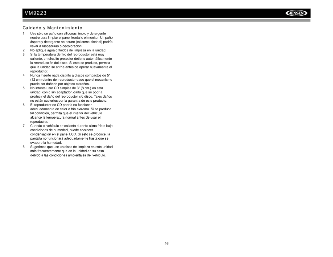 Jensen VM9223 operation manual Cuidado y Mantenimiento 