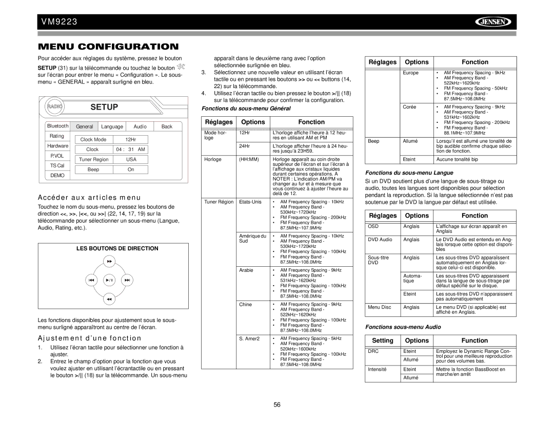 Jensen VM9223 Menu Configuration, Accéder aux articles menu, Ajustement d’une fonction, Réglages Options Fonction 