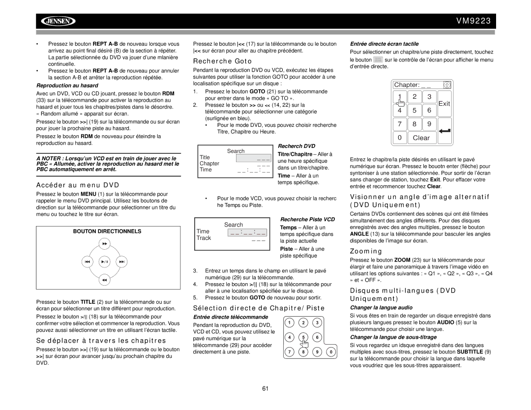 Jensen VM9223 operation manual Recherche Goto, Accéder au menu DVD, Visionner un angle d’image alternatif DVD Uniquement 