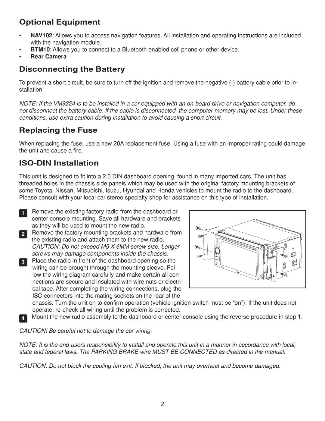 Jensen VM9224 manual Optional Equipment, Disconnecting the Battery, Replacing the Fuse, ISO-DIN Installation 