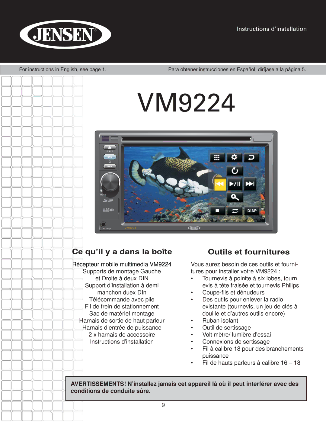 Jensen VM9224 manual Ce qu’il y a dans la boîte Outils et fournitures 