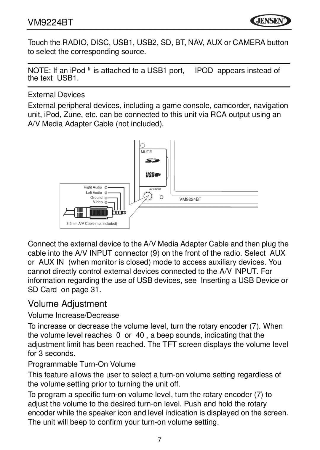 Jensen VM9224BT Volume Adjustment, External Devices, Volume Increase/Decrease, Programmable Turn-On Volume 