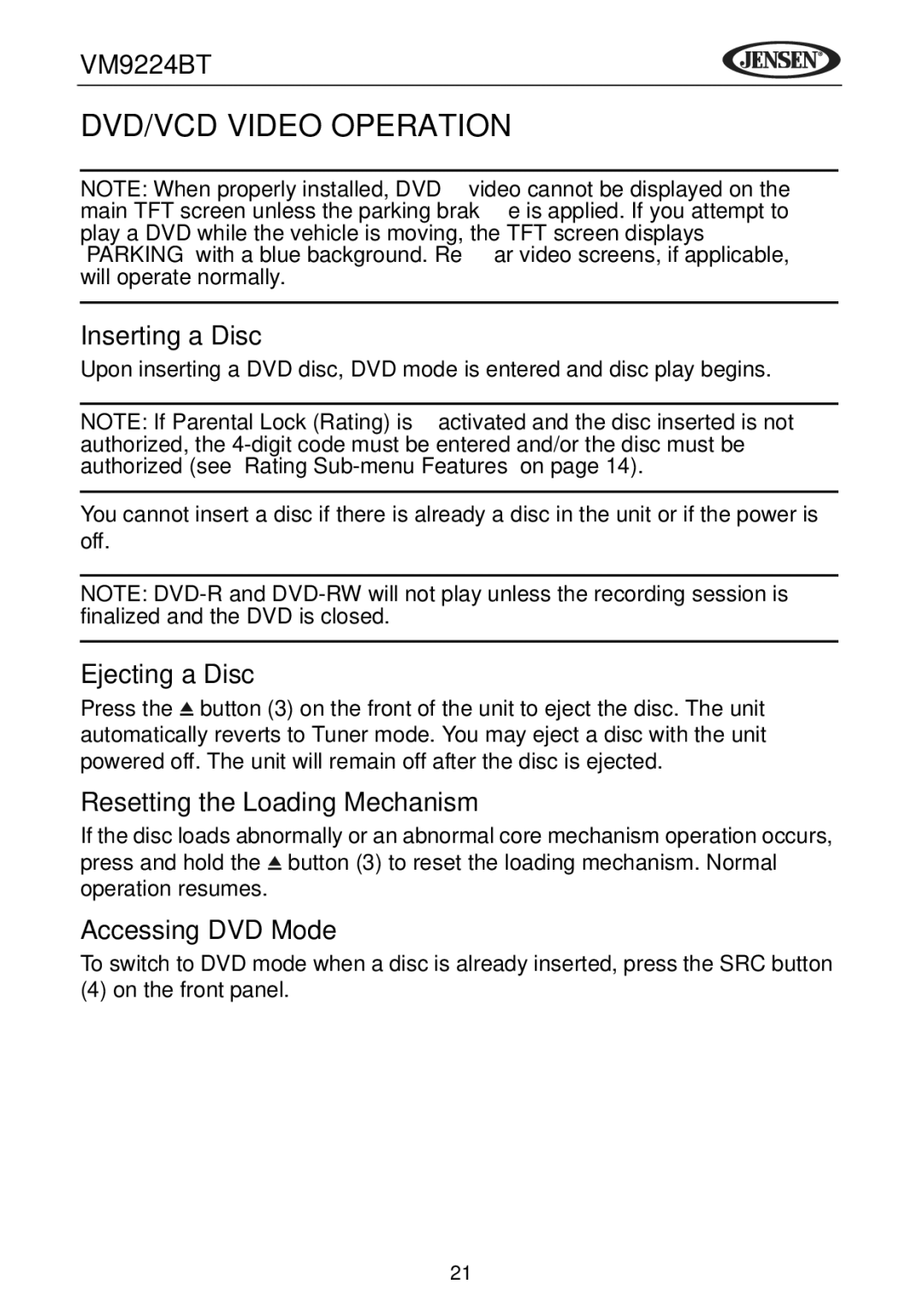 Jensen VM9224BT DVD/VCD Video Operation, Inserting a Disc, Ejecting a Disc, Resetting the Loading Mechanism 