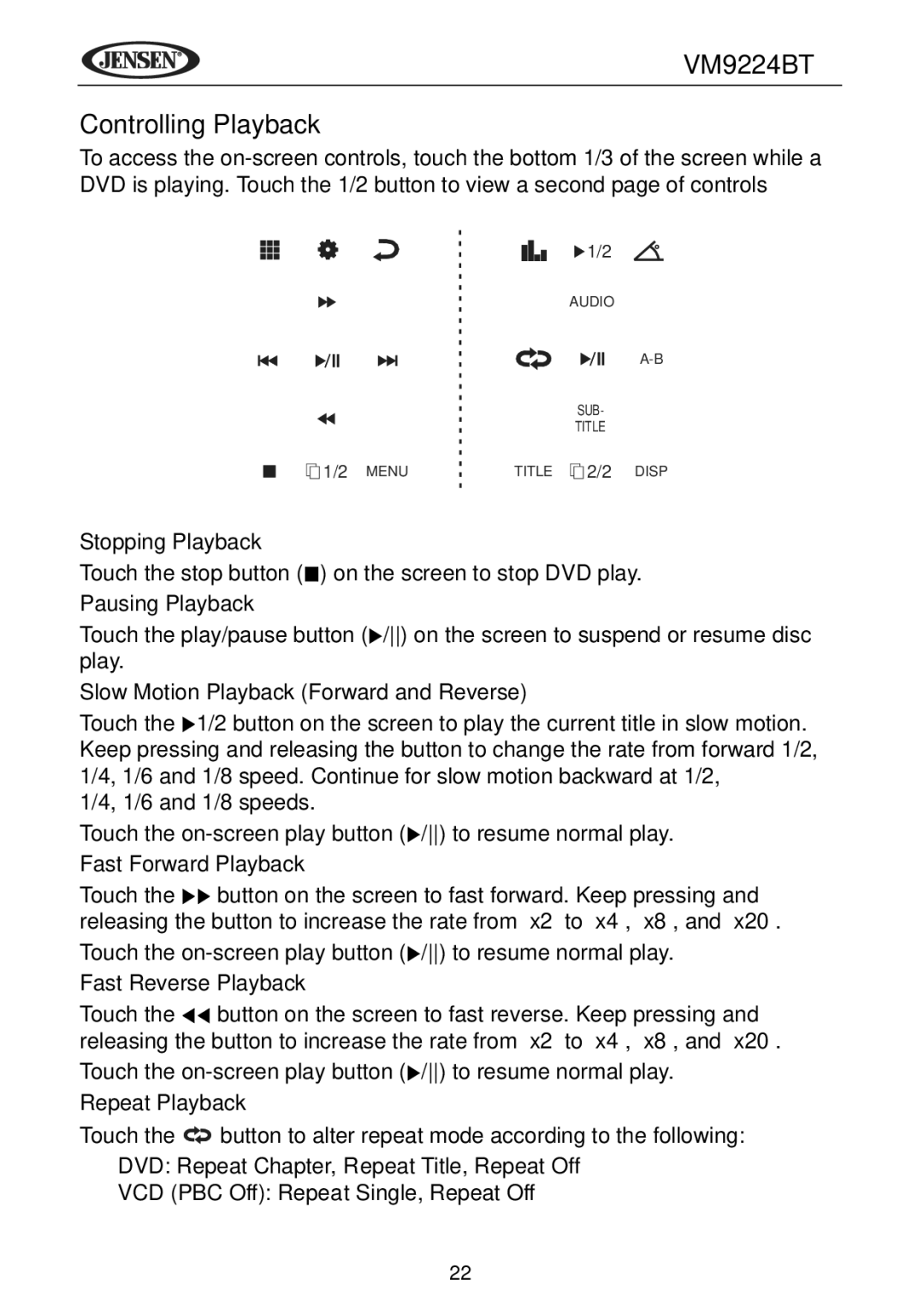 Jensen VM9224BT operating instructions Controlling Playback 