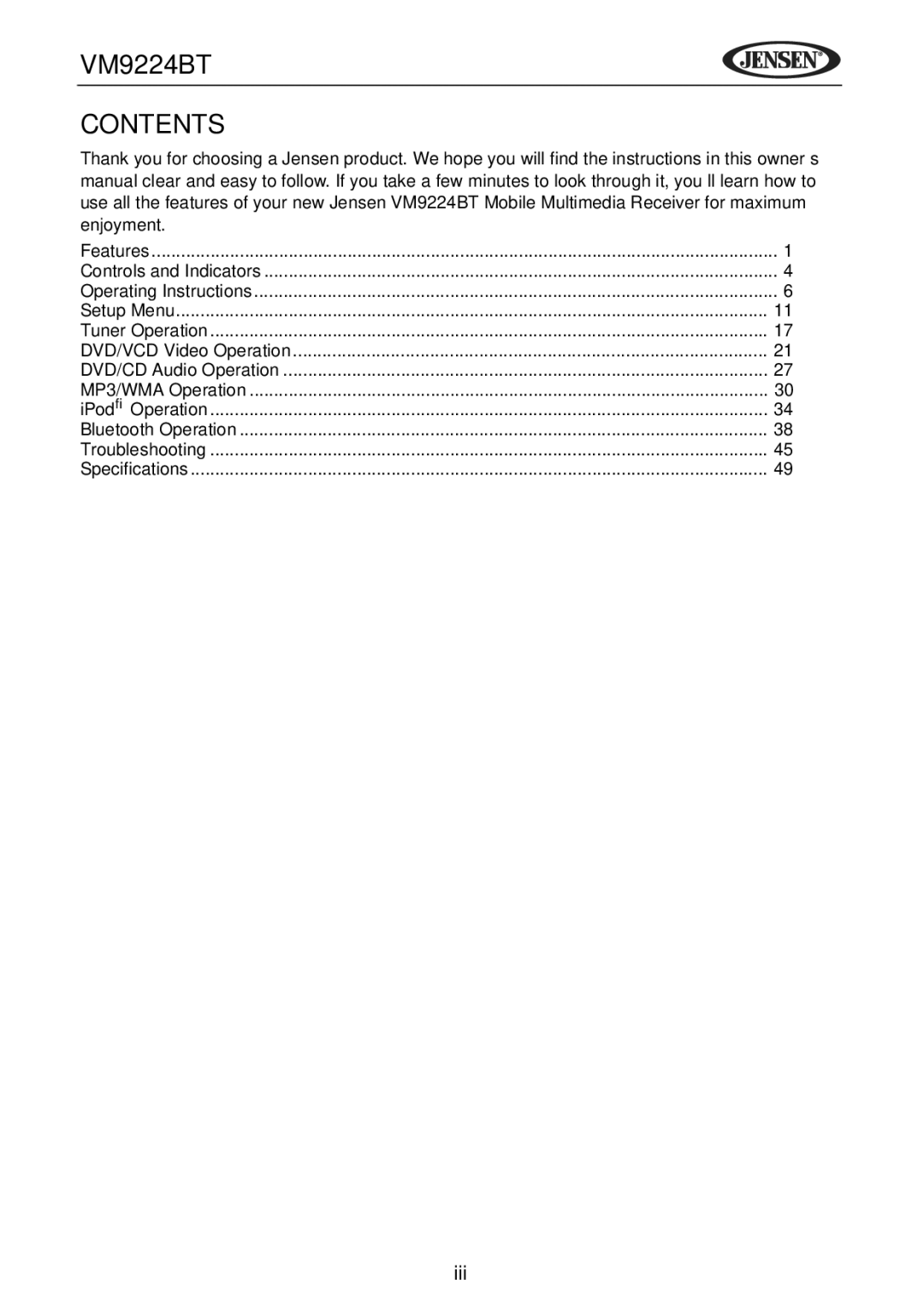 Jensen VM9224BT operating instructions Contents 