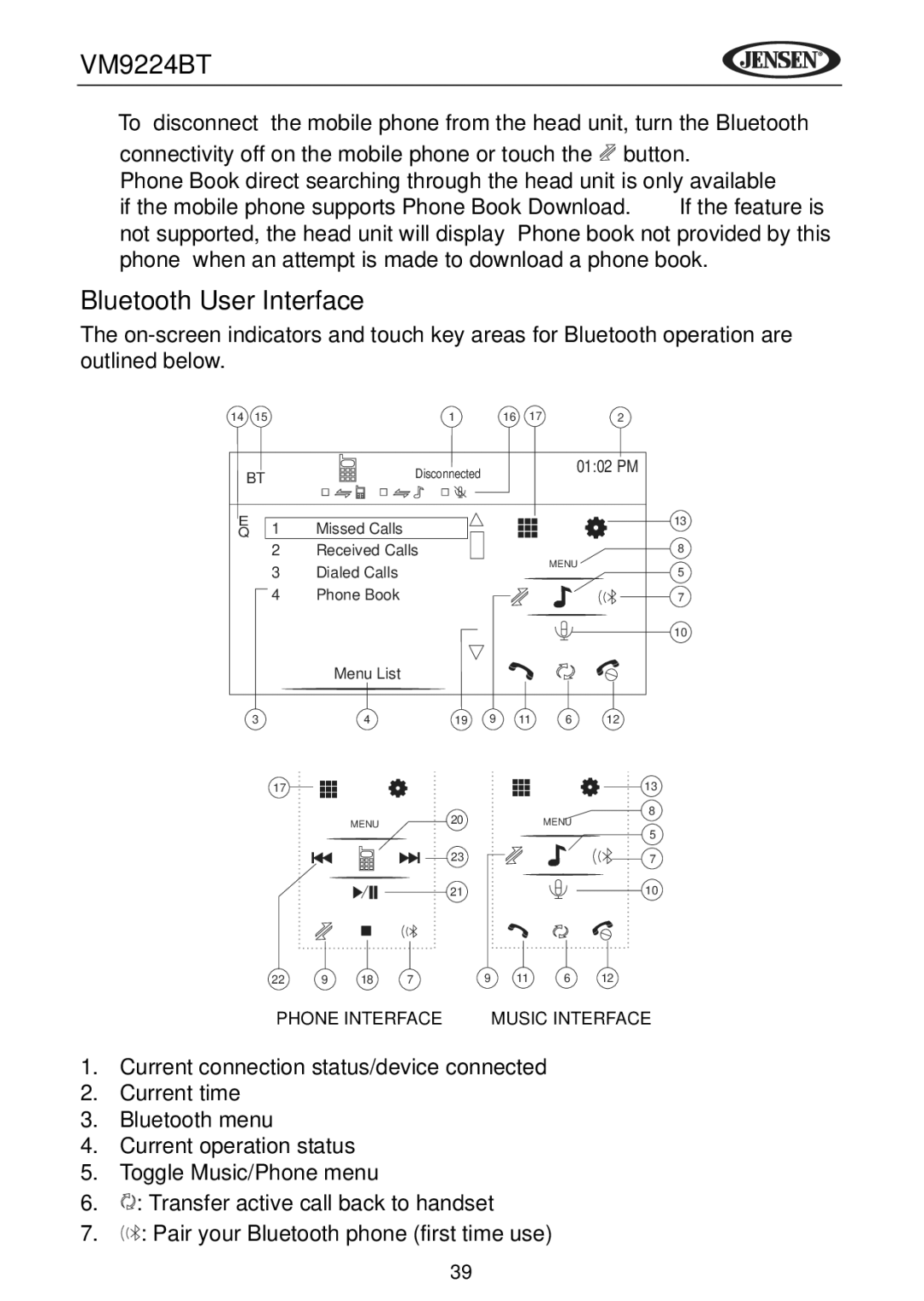 Jensen VM9224BT operating instructions Bluetooth User Interface 