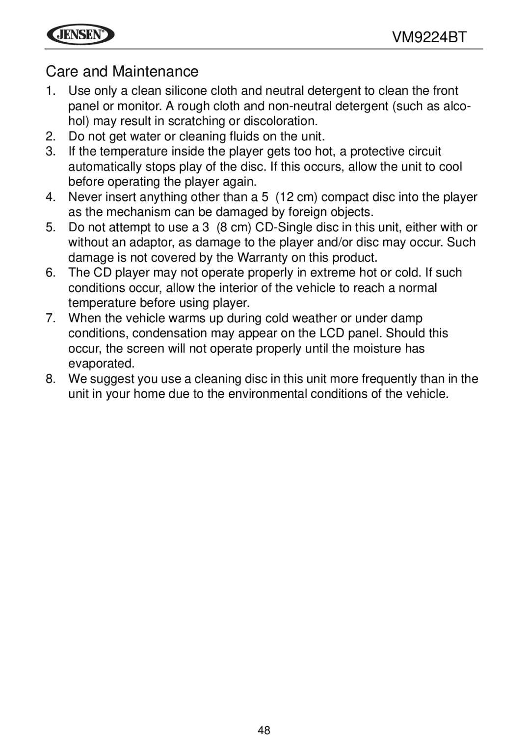 Jensen VM9224BT operating instructions Care and Maintenance 