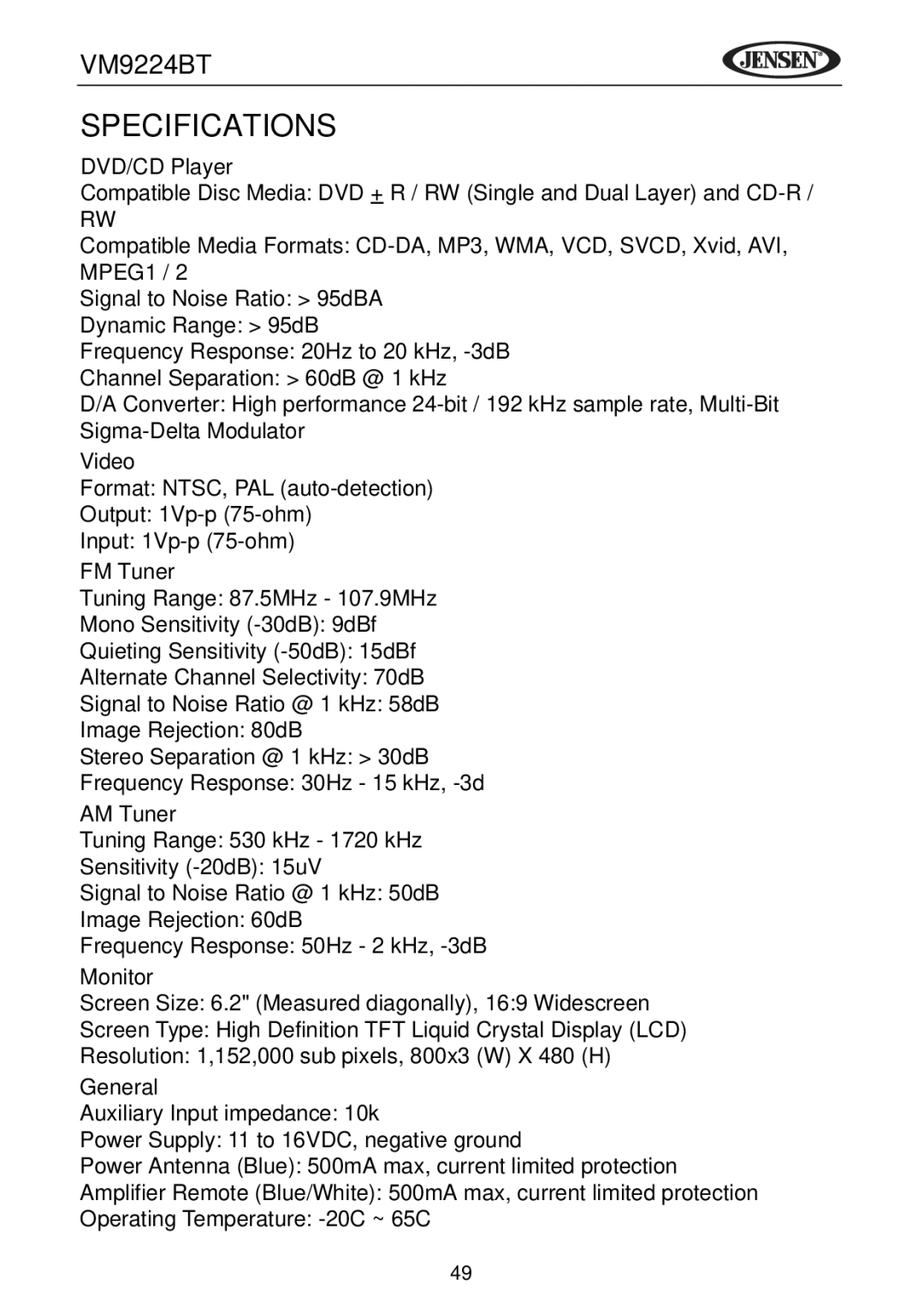 Jensen VM9224BT operating instructions Specifications 