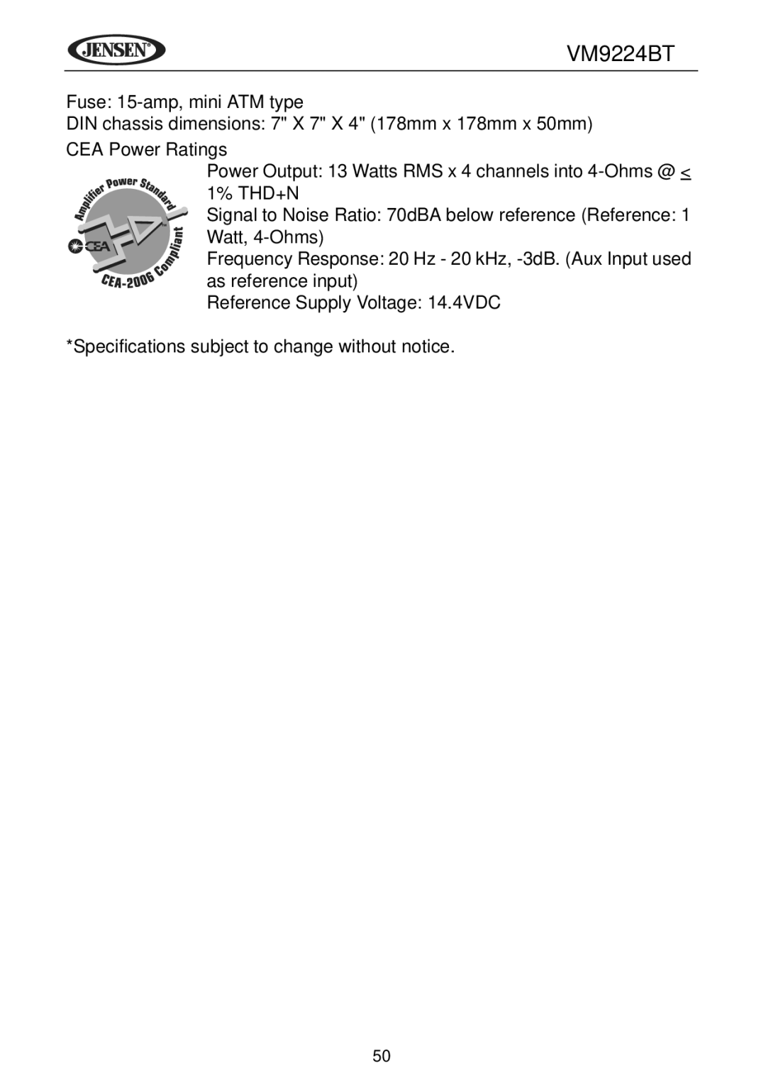 Jensen VM9224BT operating instructions CEA Power Ratings 