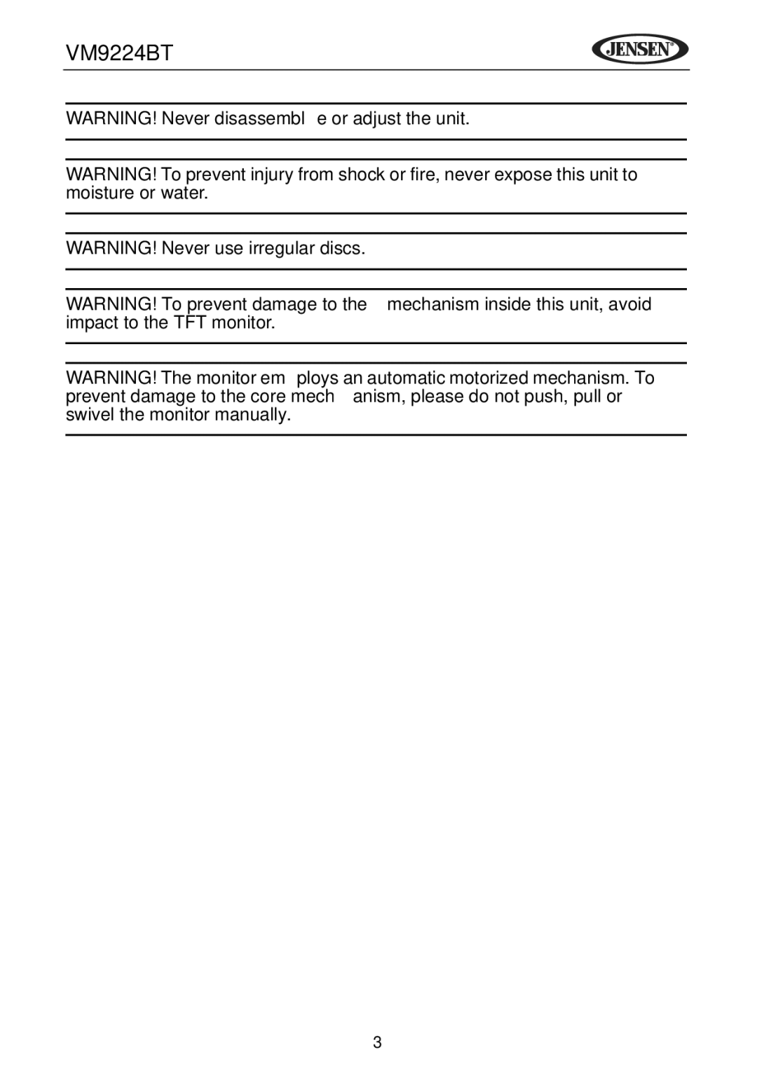 Jensen VM9224BT operating instructions 