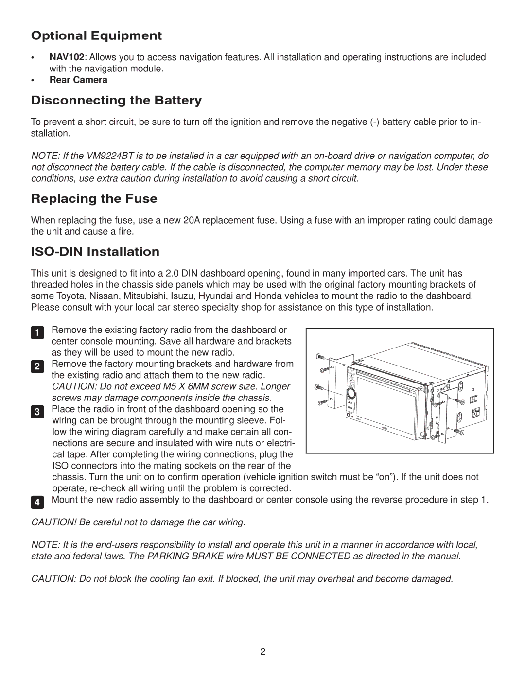 Jensen VM9224BT manual Optional Equipment, Disconnecting the Battery, Replacing the Fuse, ISO-DIN Installation 