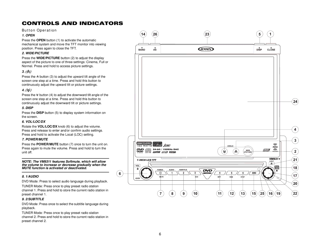 Jensen VM9311 instruction manual Controls and Indicators, Button Operation, Audio 