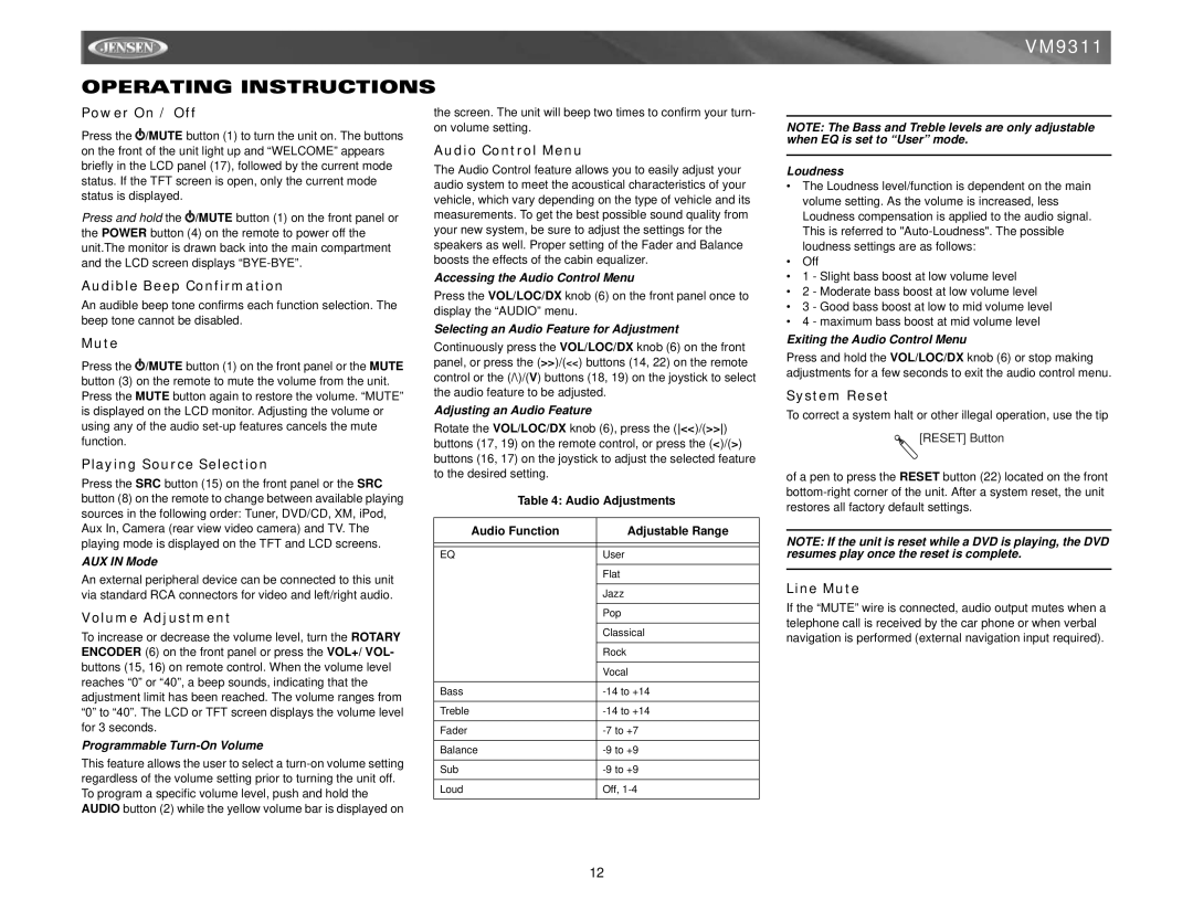 Jensen VM9311 instruction manual Operating Instructions 