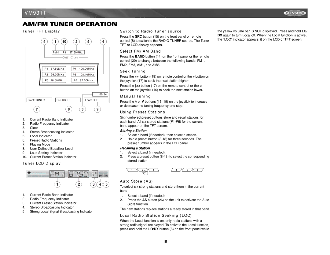 Jensen VM9311 instruction manual AM/FM Tuner Operation 