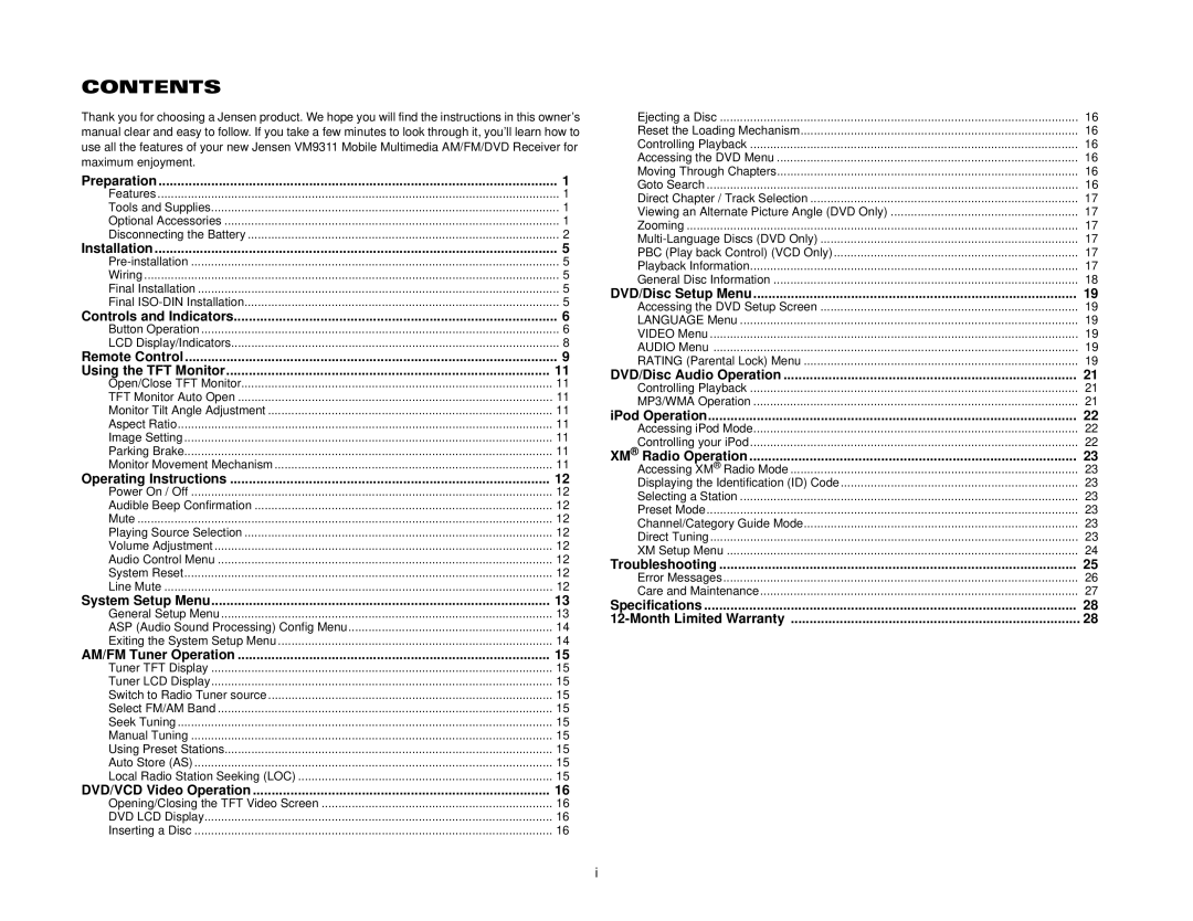 Jensen VM9311 instruction manual Contents 