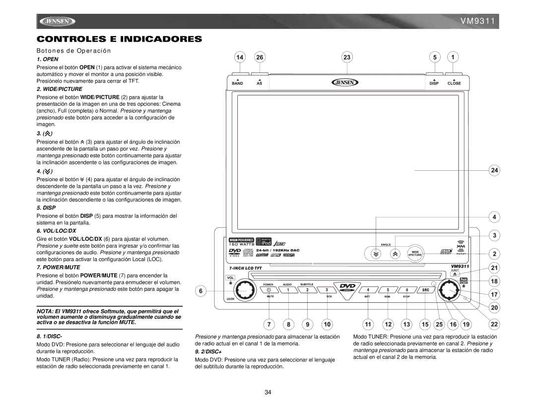 Jensen VM9311 instruction manual Controles E Indicadores, Botones de Operación, Disc+ 