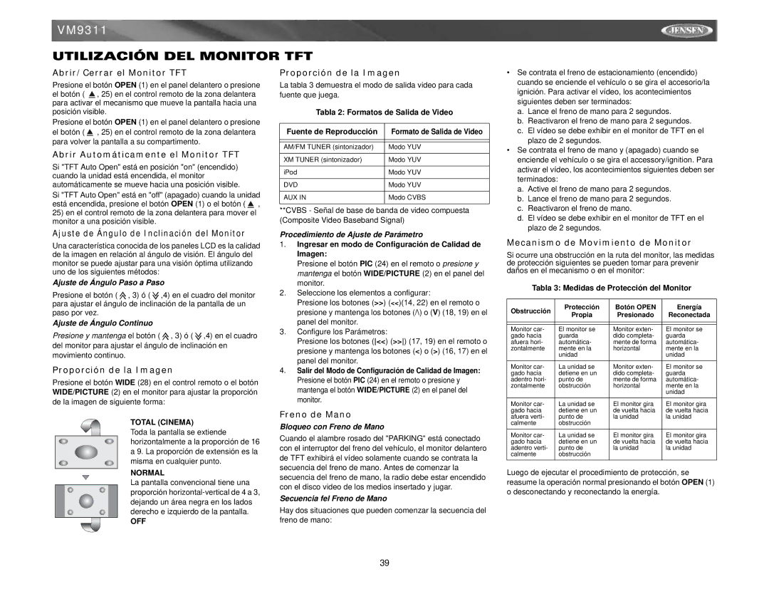 Jensen VM9311 instruction manual Utilización DEL Monitor TFT 