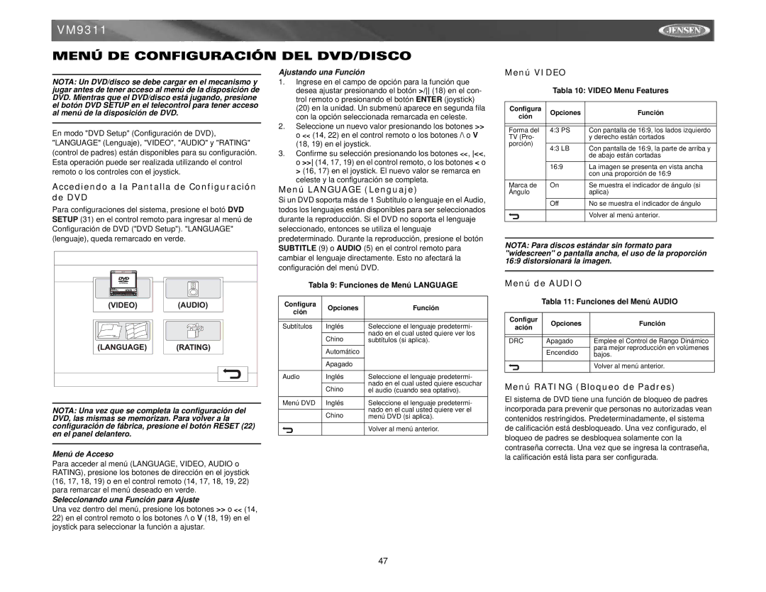 Jensen VM9311 instruction manual Menú DE Configuración DEL DVD/DISCO 