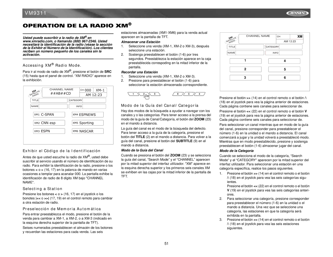 Jensen VM9311 Operation DE LA Radio XM, Exhibir el Código de la Identificación, Preselección de Memoria Automática 