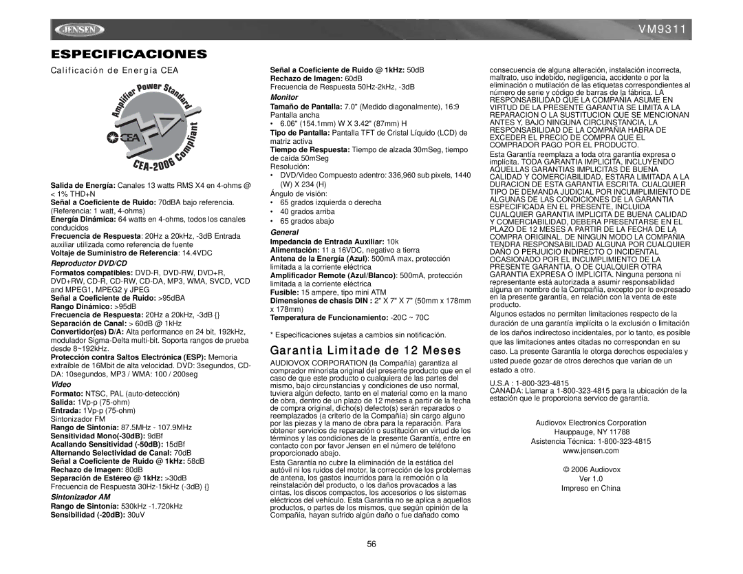 Jensen VM9311 instruction manual Especificaciones, Calificación de Energía CEA, Reproductor DVD/CD, Sintonizador AM 