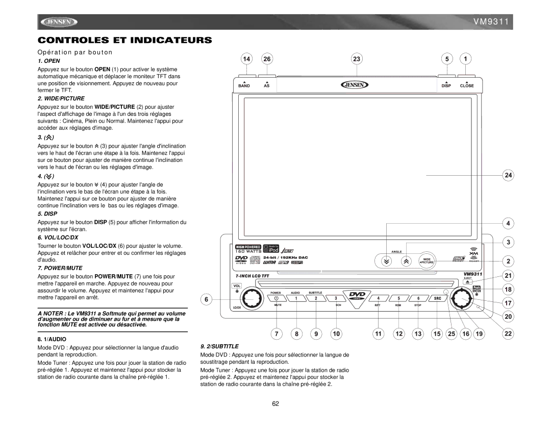 Jensen VM9311 instruction manual Controles ET Indicateurs, Opération par bouton, Audio 