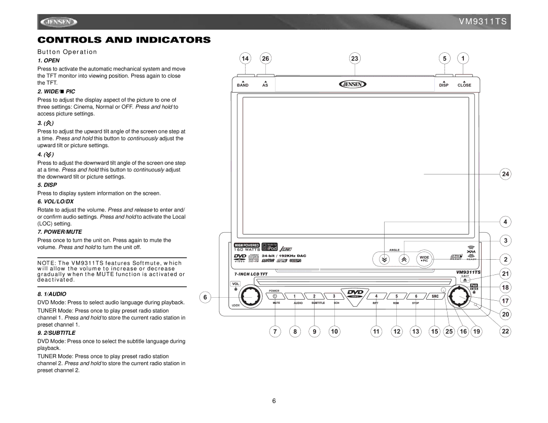 Jensen vm9311ts instruction manual Controls and Indicators, Button Operation, Wide/ Pic, Audio 