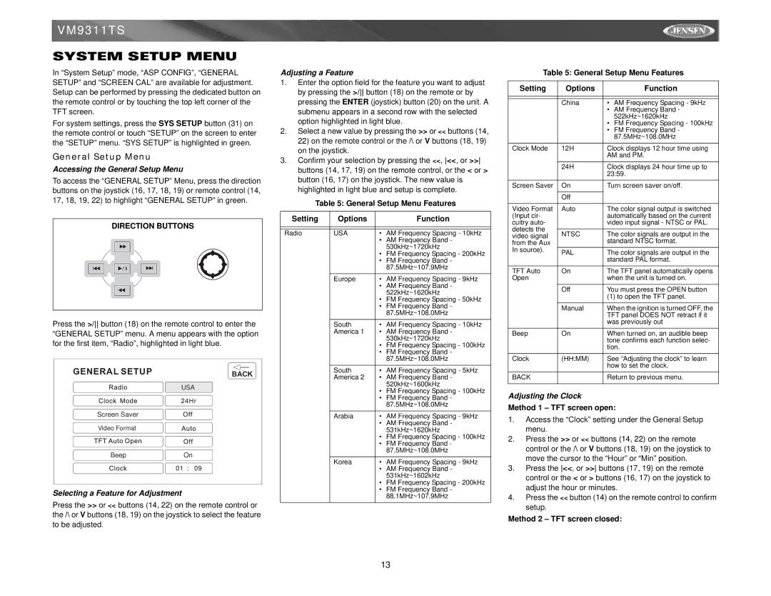 Jensen vm9311ts instruction manual System Setup Menu, General Setup Menu 