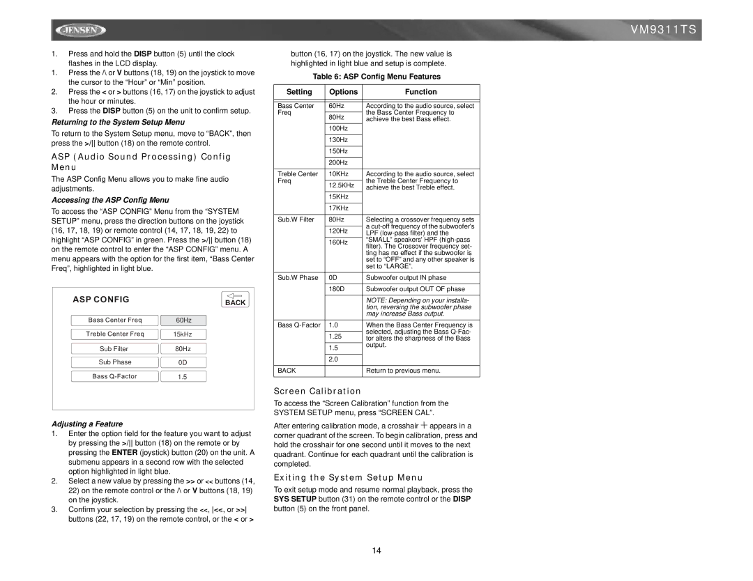 Jensen vm9311ts ASP Audio Sound Processing Config Menu, Screen Calibration, Exiting the System Setup Menu 