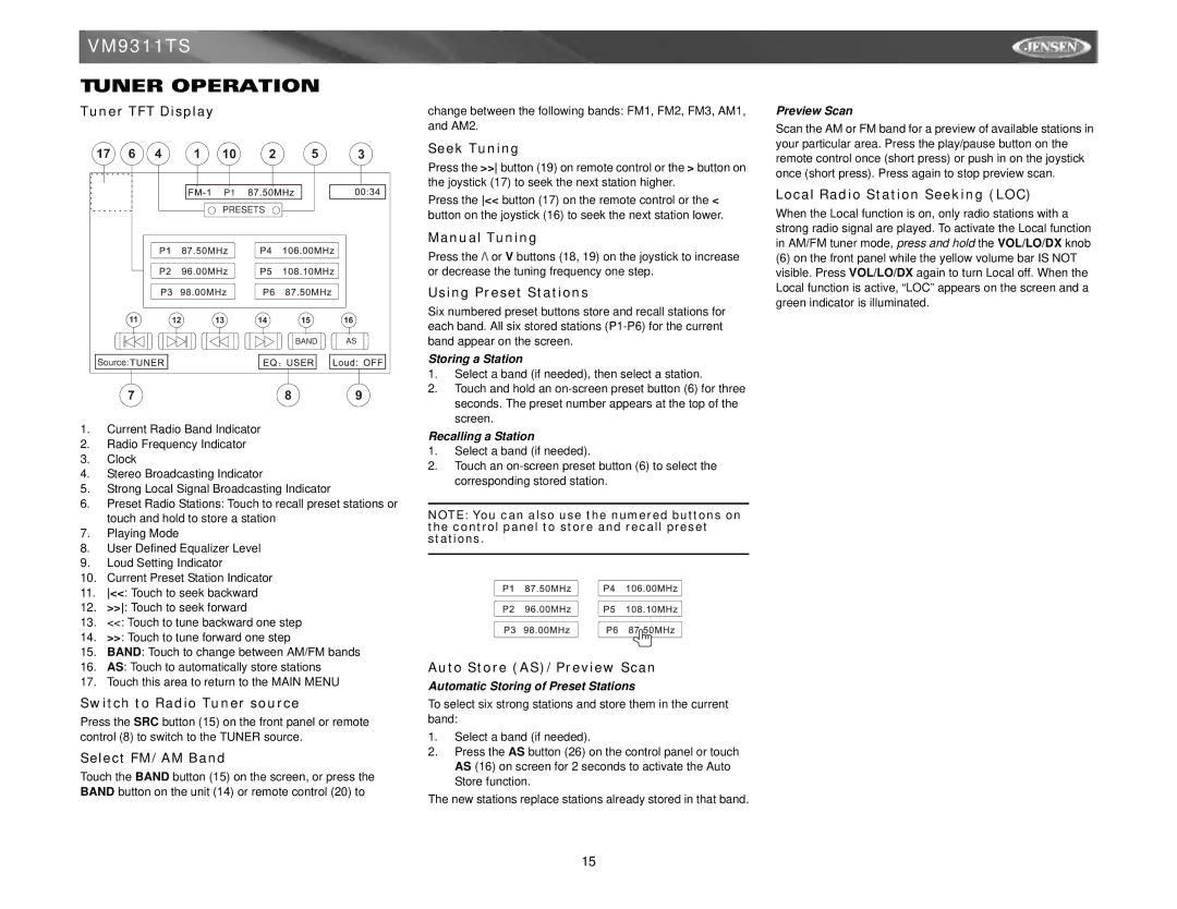 Jensen vm9311ts instruction manual Tuner Operation 