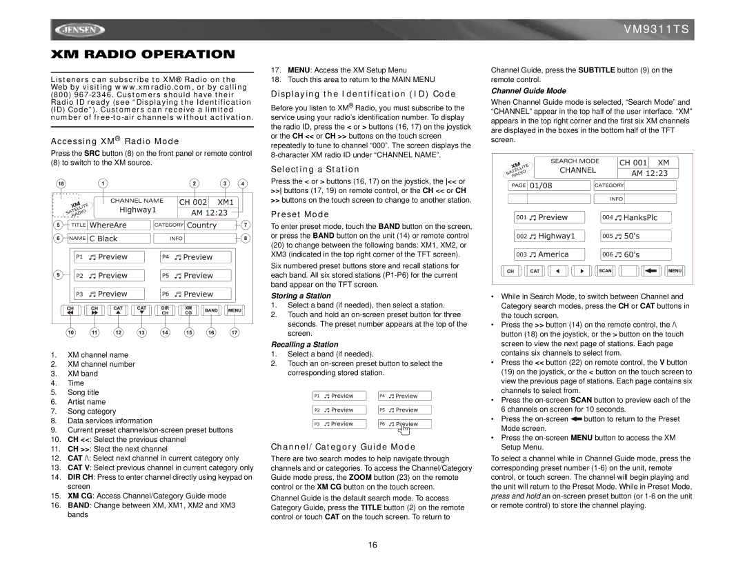 Jensen vm9311ts instruction manual XM Radio Operation 