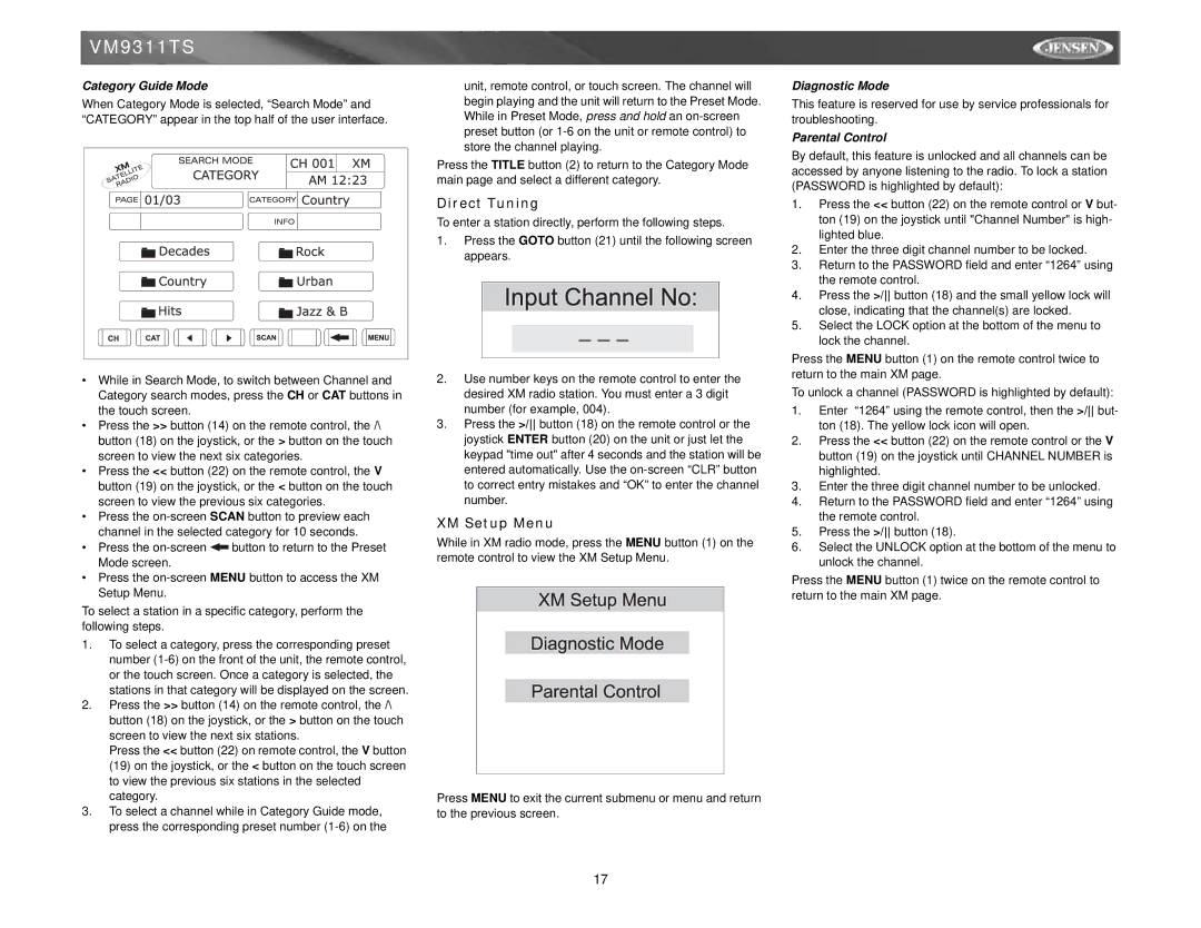 Jensen vm9311ts instruction manual Direct Tuning, XM Setup Menu, Category Guide Mode, Diagnostic Mode, Parental Control 