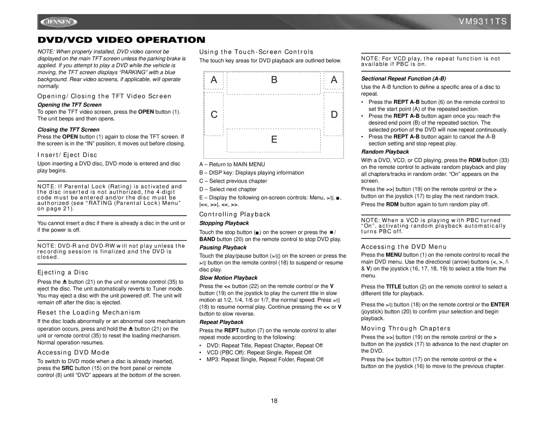 Jensen vm9311ts instruction manual DVD/VCD Video Operation 