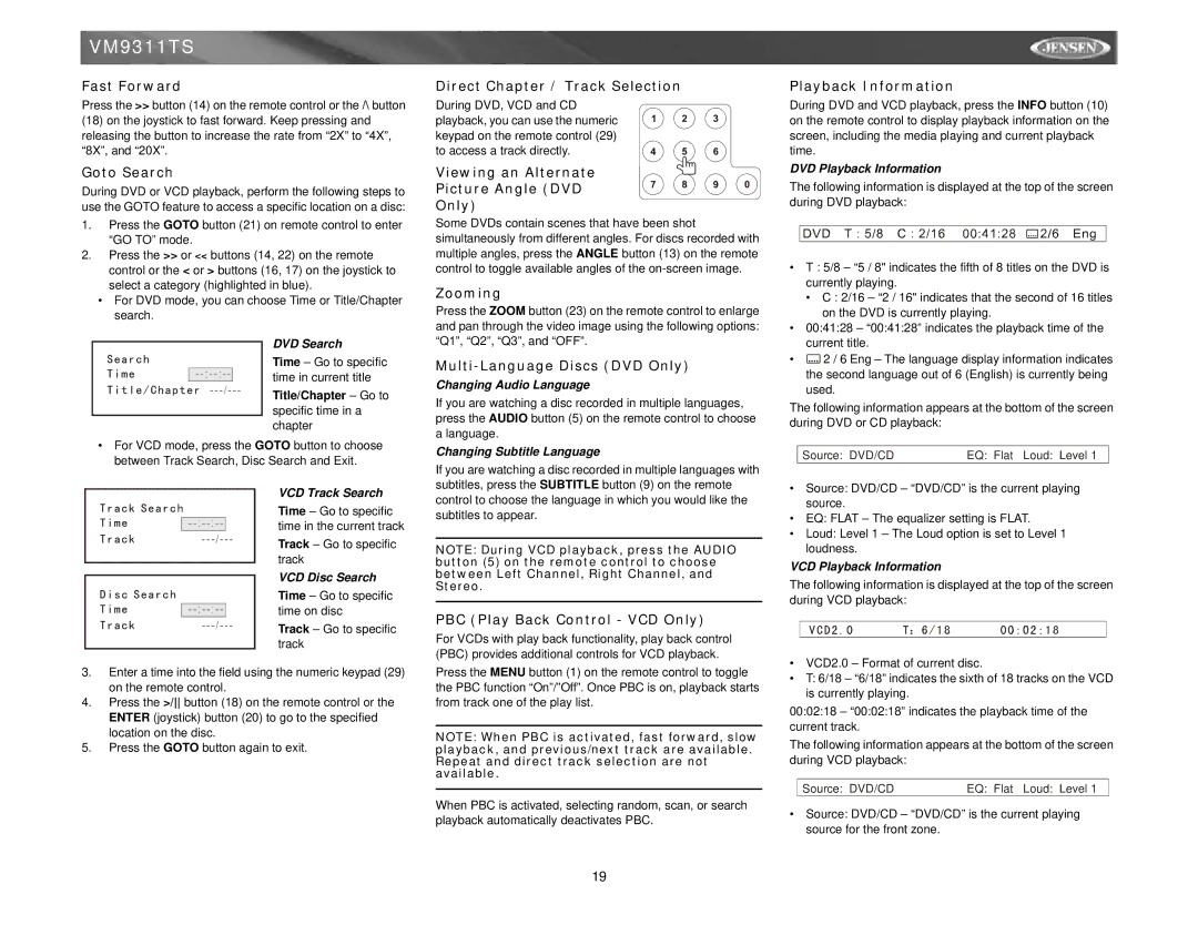 Jensen vm9311ts Fast Forward, Goto Search, Direct Chapter / Track Selection, Viewing an Alternate Picture Angle DVD Only 