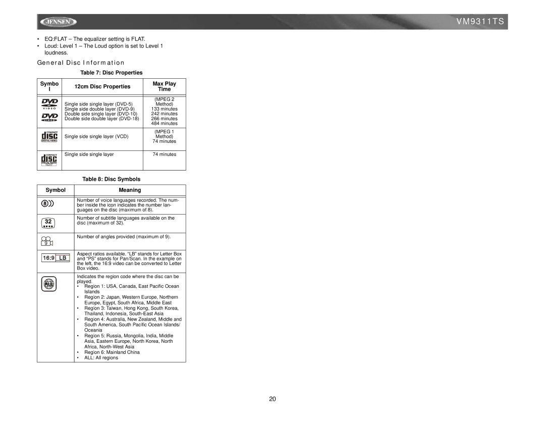 Jensen vm9311ts instruction manual General Disc Information, 12cm Disc Properties, Disc Symbols, Mpeg 