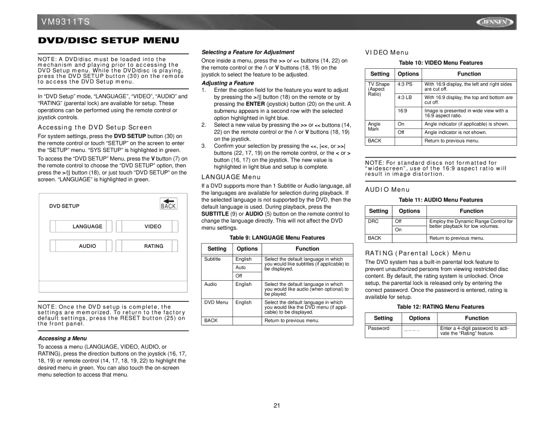 Jensen vm9311ts instruction manual DVD/DISC Setup Menu 