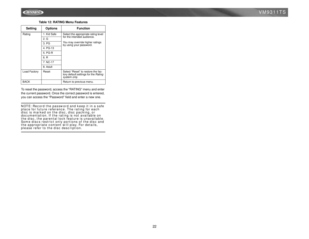 Jensen vm9311ts instruction manual Pg-R 