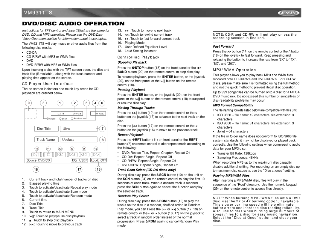 Jensen vm9311ts instruction manual DVD/DISC Audio Operation, CD Player User Interface, MP3/WMA Operation 