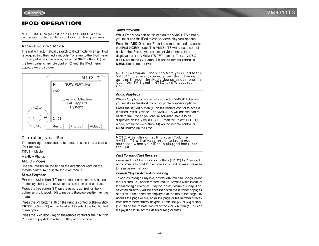 Jensen vm9311ts instruction manual Ipod Operation, Accessing iPod Mode, Controlling your iPod 