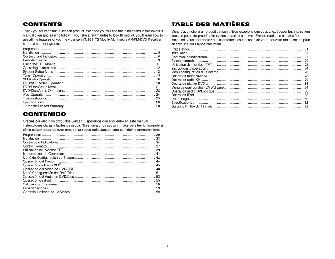 Jensen vm9311ts instruction manual Contents, Contenido, Table DES Matières 