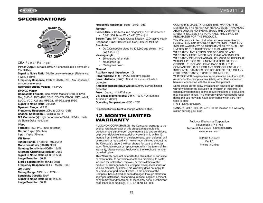 Jensen vm9311ts instruction manual Specifications, Month Limited Warranty, CEA Power Ratings 