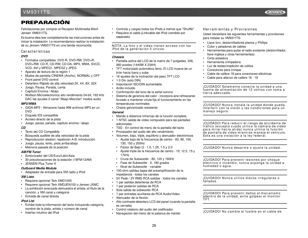 Jensen vm9311ts instruction manual Preparación, Características, Herramientas y Provisiones, XM Listo, IPod List 