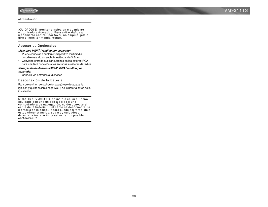 Jensen vm9311ts instruction manual Accesorios Opcionales, Desconexión de la Batería, Listo para iAUX3 vendido por separado 