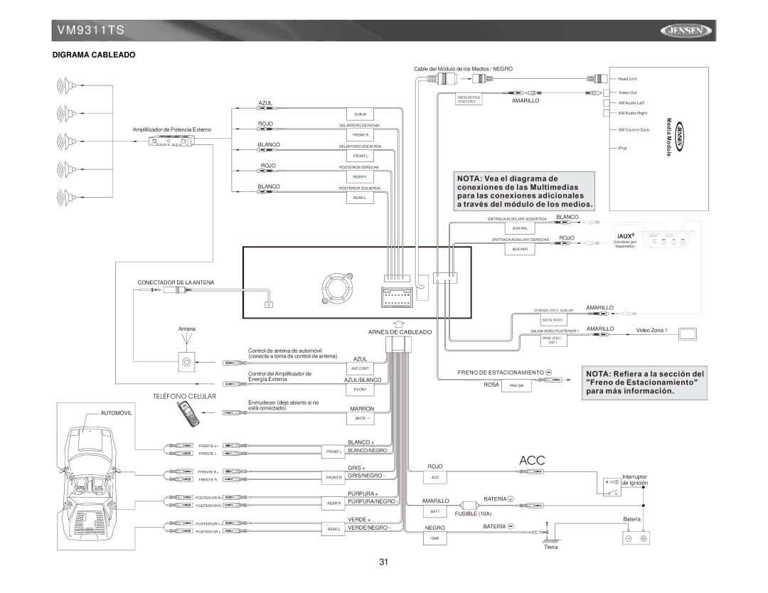 Jensen vm9311ts instruction manual Digrama Cableado, Teléfono Celular 