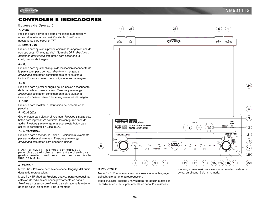 Jensen vm9311ts Controles E Indicadores, Botones de Operación, Nota El VM9311TS ofrece Softmute, que, Función Mute 