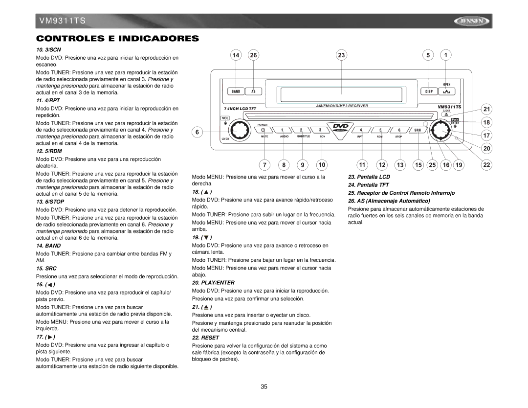 Jensen vm9311ts instruction manual Modo DVD Presione una vez para una reproducción aleatoria 