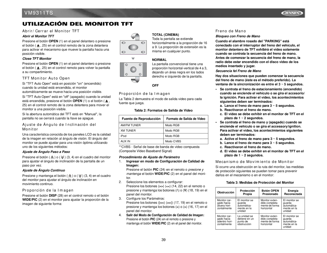 Jensen vm9311ts instruction manual Utilización DEL Monitor TFT 